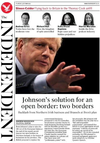 The Independent Newspaper Front Page (UK) for 3 October 2019
