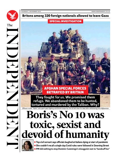 The Independent Newspaper Front Page (UK) for 3 November 2023