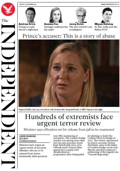 The Independent Newspaper Front Page (UK) for 3 December 2019