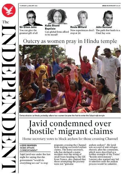 The Independent Newspaper Front Page (UK) for 3 January 2019