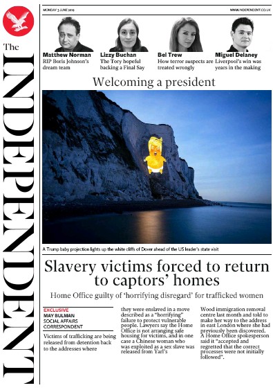 The Independent Newspaper Front Page (UK) for 3 June 2019
