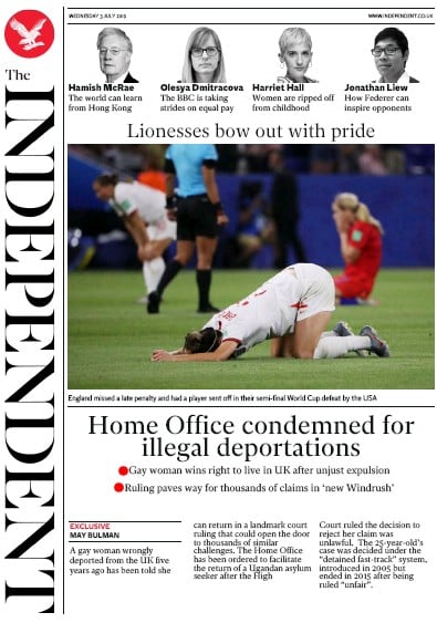 The Independent Newspaper Front Page (UK) for 3 July 2019
