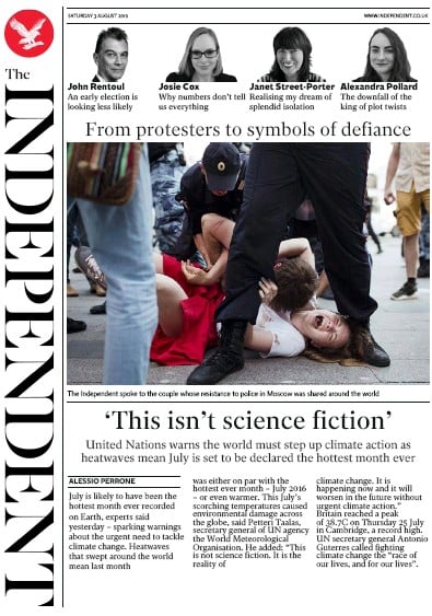 The Independent Newspaper Front Page (UK) for 3 August 2019