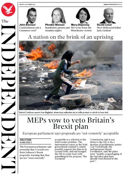 The Independent Newspaper Front Page (UK) for 4 October 2019