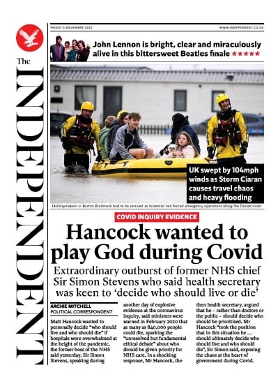 The Independent Newspaper Front Page (UK) for 4 November 2023