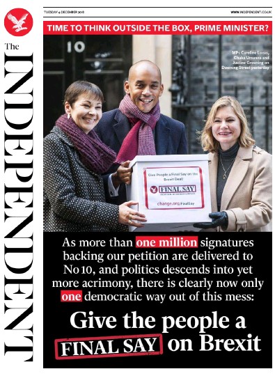The Independent Newspaper Front Page (UK) for 4 December 2018