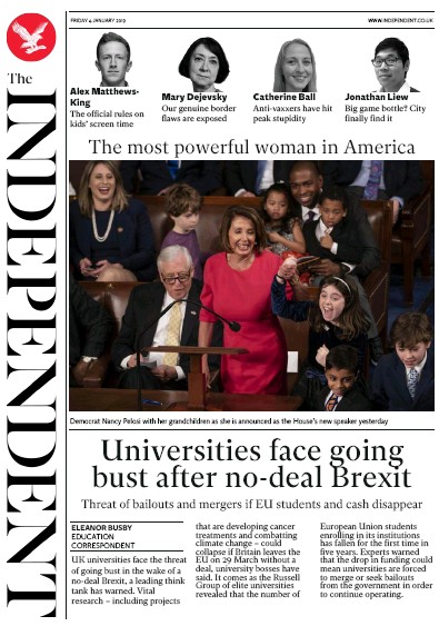 The Independent Newspaper Front Page (UK) for 4 January 2019
