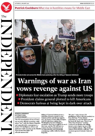The Independent Newspaper Front Page (UK) for 4 January 2020