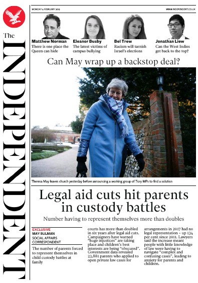 The Independent Newspaper Front Page (UK) for 4 February 2019