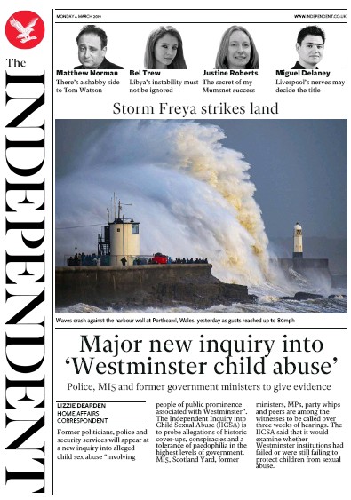 The Independent Newspaper Front Page (UK) for 4 March 2019