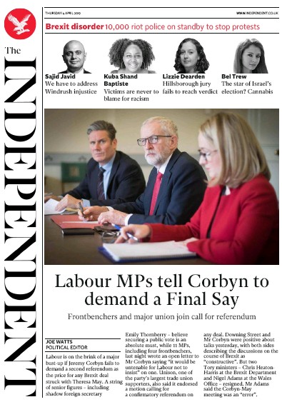 The Independent Newspaper Front Page (UK) for 4 April 2019