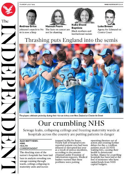 The Independent Newspaper Front Page (UK) for 4 July 2019