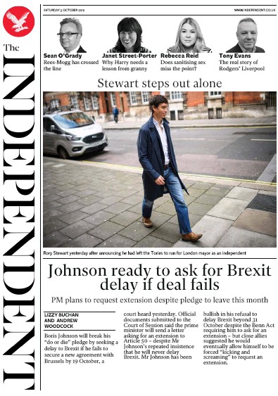 The Independent Newspaper Front Page (UK) for 5 October 2019