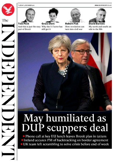 The Independent Newspaper Front Page (UK) for 5 December 2017