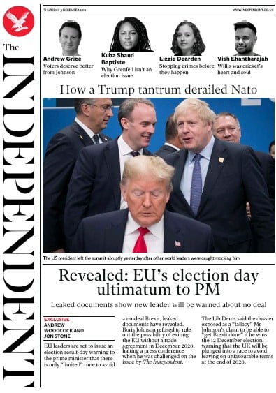 The Independent Newspaper Front Page (UK) for 5 December 2019