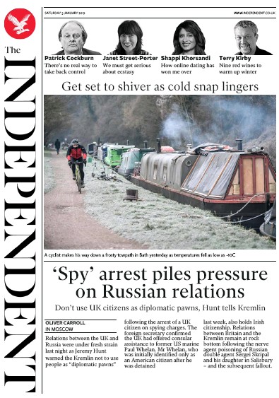 The Independent Newspaper Front Page (UK) for 5 January 2019