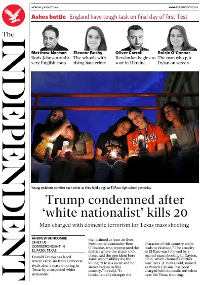 The Independent Newspaper Front Page (UK) for 5 August 2019