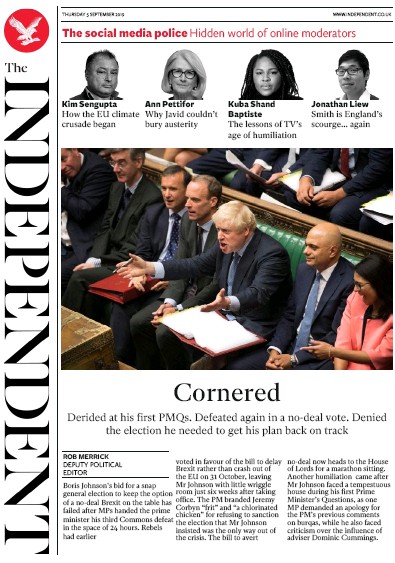The Independent Newspaper Front Page (UK) for 5 September 2019