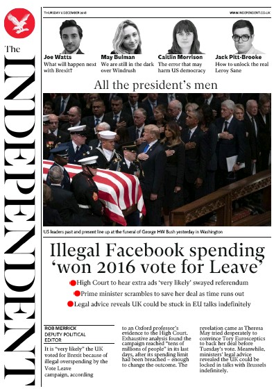 The Independent Newspaper Front Page (UK) for 6 December 2018
