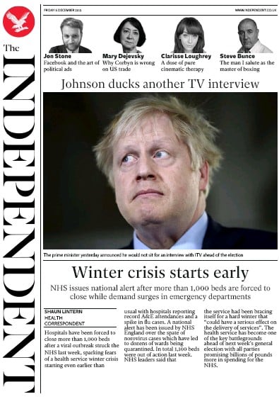 The Independent Newspaper Front Page (UK) for 6 December 2019