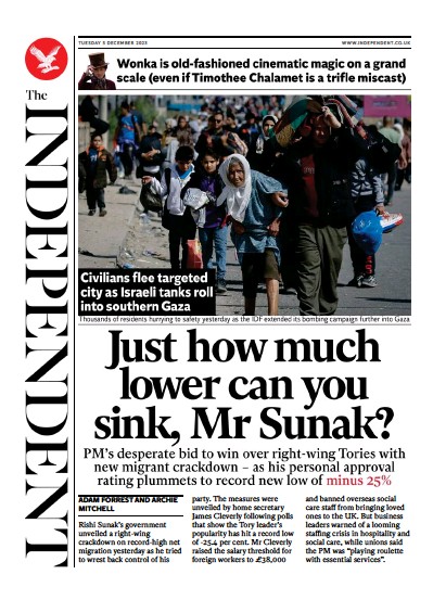 The Independent Newspaper Front Page (UK) for 6 December 2023
