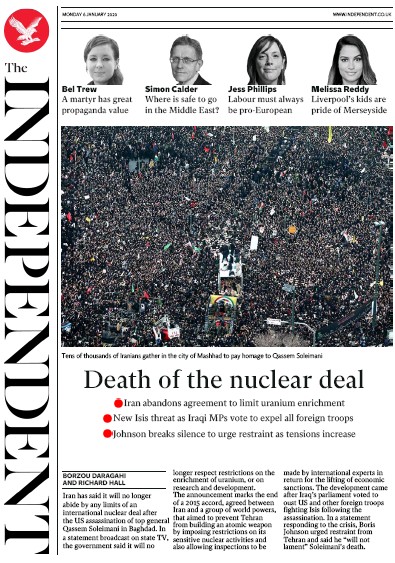 The Independent Newspaper Front Page (UK) for 6 January 2020