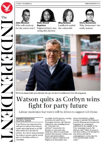 The Independent Newspaper Front Page (UK) for 7 November 2019