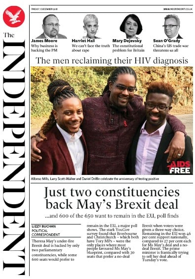 The Independent Newspaper Front Page (UK) for 7 December 2018