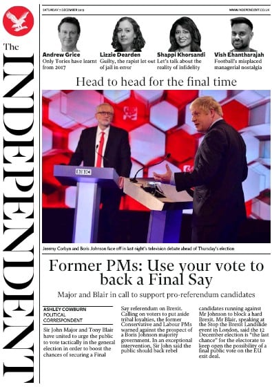 The Independent Newspaper Front Page (UK) for 7 December 2019