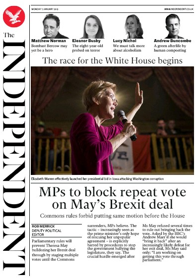 The Independent Newspaper Front Page (UK) for 7 January 2019