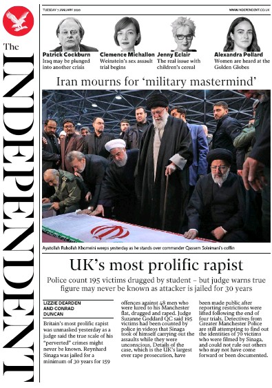 The Independent Newspaper Front Page (UK) for 7 January 2020