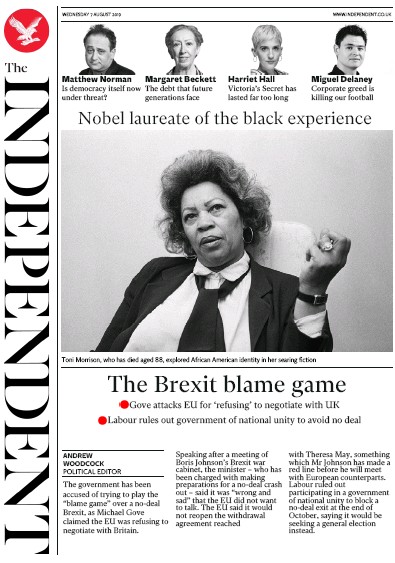 The Independent Newspaper Front Page (UK) for 7 August 2019