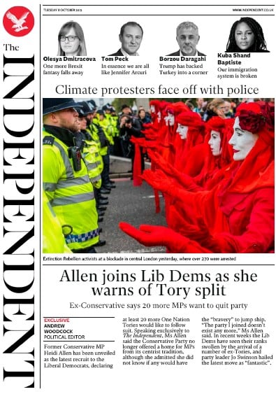 The Independent Newspaper Front Page (UK) for 8 October 2019