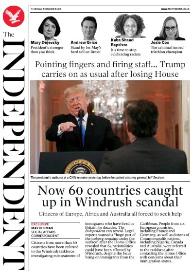 The Independent Newspaper Front Page (UK) for 8 November 2018