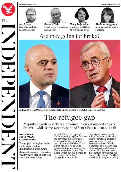The Independent Newspaper Front Page (UK) for 8 November 2019