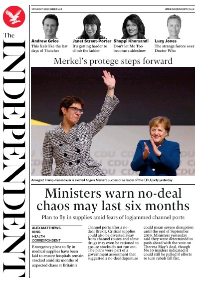 The Independent Newspaper Front Page (UK) for 8 December 2018