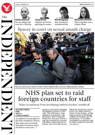 The Independent Newspaper Front Page (UK) for 8 January 2019