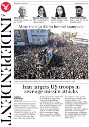The Independent (UK) Newspaper Front Page for 8 January 2020