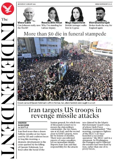 The Independent Newspaper Front Page (UK) for 8 January 2020