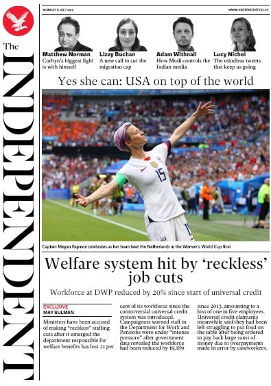 The Independent Newspaper Front Page (UK) for 8 July 2019