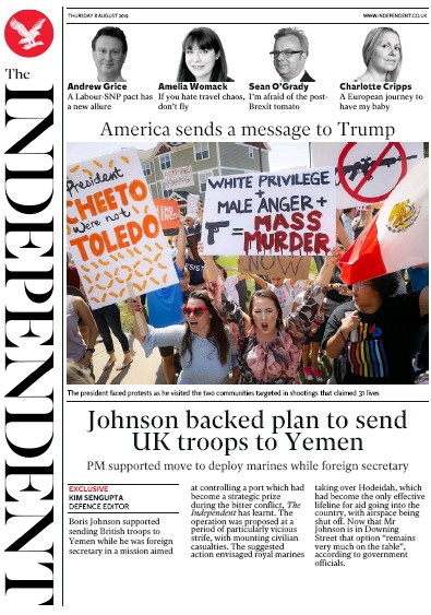 The Independent Newspaper Front Page (UK) for 8 August 2019