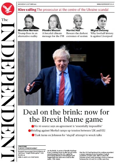 The Independent Newspaper Front Page (UK) for 9 October 2019