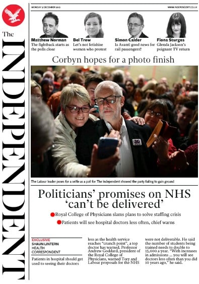 The Independent Newspaper Front Page (UK) for 9 December 2019