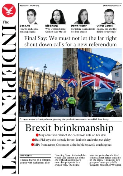 The Independent Newspaper Front Page (UK) for 9 January 2019