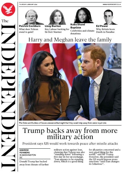 The Independent Newspaper Front Page (UK) for 9 January 2020