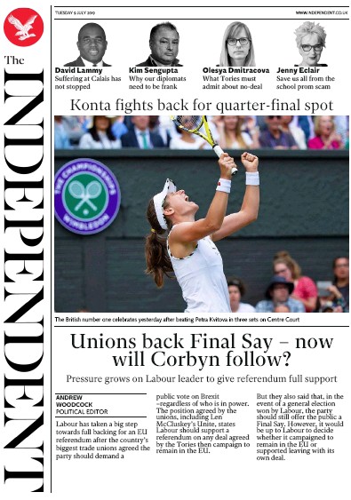 The Independent Newspaper Front Page (UK) for 9 July 2019