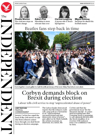 The Independent Newspaper Front Page (UK) for 9 August 2019