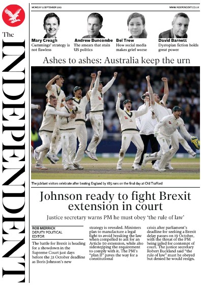 The Independent Newspaper Front Page (UK) for 9 September 2019