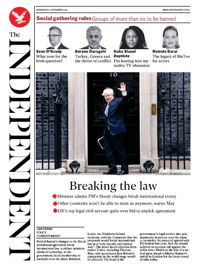 The Independent Newspaper Front Page (UK) for 9 September 2020