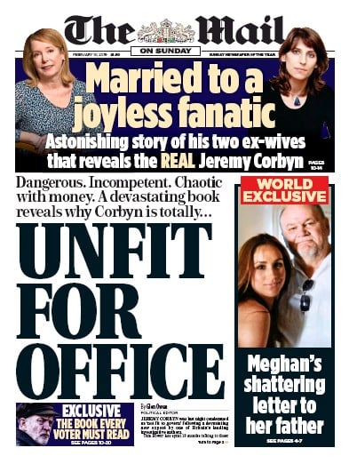 The Mail on Sunday Newspaper Front Page (UK) for 10 February 2019